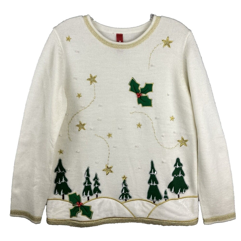 Old Navy 3D Beaded Ivory Knit Holiday Sweater M Holly Gold Stars Trees Velvet